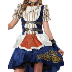 a woman dressed in a costume with steampunk gear on her chest and legs