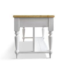 a small white table with wooden top and two legs on the bottom, against a white background