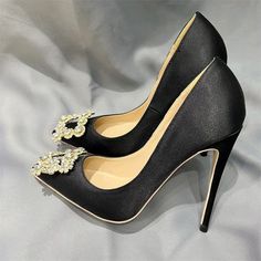 TAAFO Glitter Diamand Square Women Black Satin Pointy Toe High Heel Shoes For Wedding Party Dress Stilettos 12cm Black-33 Shoes For Wedding, Low Heel Flats, Extreme High Heels, Floral Heels, Slip On Pumps, Wedding Party Dress, Patent Leather Heels, Dress Elegant, Fashion Pattern