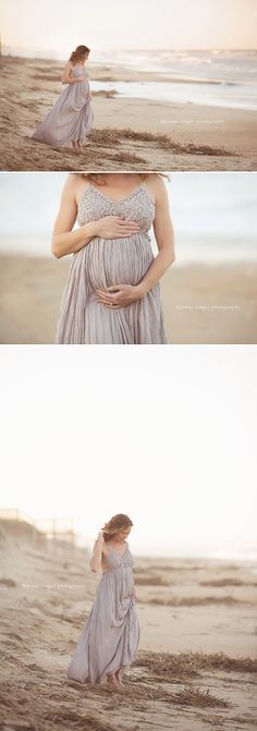 the pregnant woman is standing on the beach in her dress and holding her belly up to her chest