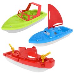 four toy boats are shown in three different colors and sizes, one is red, one is blue