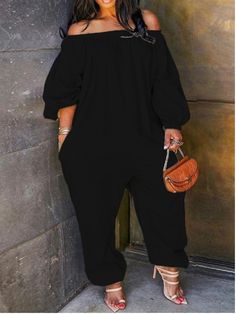 Lovely Leisure Loose Black Plus Size One-piece Jumpsuit_Plus Size Jumpsuit_Plus Size Jumpsuits_Plus Size_LovelyWholesale | Wholesale Shoes,Wholesale Clothing, Cheap Clothes,Cheap Shoes Online. - LovelyWholesale.com Look Plus Size, Solid Color Jumpsuits, Loose Jumpsuit, Plus Size One Piece, Plus Size Jumpsuit, Style Noir, Long Sleeve Jumpsuit, Lantern Sleeve, Sleeved Romper