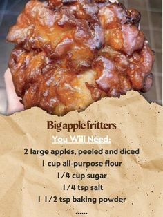 a poster with instructions on how to make big apple fritters for desserts