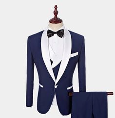 Navy Blue And White Tuxedo Suit from Gentlemansguru.com Blue Tuxedo Blazer, Tailored Royal Blue Tuxedo Blazer, Royal Blue Tailored Tuxedo Blazer, Blue Single Breasted Tuxedo In Suiting Fabric, Blue Single-breasted Tuxedo In Suiting Fabric, Navy Tailored Tuxedo Style Three-piece Suit, Navy Tailored Three-piece Tuxedo Suit, Navy Three-piece Tuxedo Suit, Navy Fitted Tuxedo Blazer