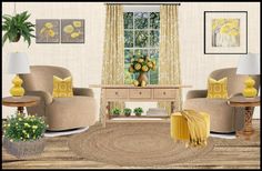 a living room filled with furniture and yellow accents