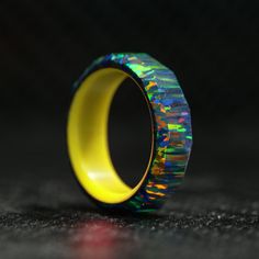 Black Fire Opal Ring with Glowing Resin Liner – Patrick Adair Designs Unique Multicolor Opal Gemstone Ring, Multicolor Multi-stone Opal Ring, Multicolor Opal Multi-stone Rings, Multicolor Opal Gemstone Ring Gift, Multicolor Opal Round Ring, Multicolor Opal Gemstone Ring, Multicolor Opal Ring Gift, Multicolor Opal Jewelry With Unique Style, Unique Multicolor Opal Ring As Gift