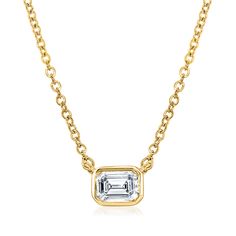 Ross-Simons - .25ct Emerald-Cut Diamond Solitaire Necklace in 14kt Yellow Gold. 16". This beautiful .25 carat emerald-cut diamond solitaire necklace plays any role you need it to, able to serve as the sole touch of sparkle in your outfit or finishing piece to your lovely layered look. The sparkling diamond is showcased in a sleek 14kt yellow gold bezel setting and suspended from a cable chain. Includes a 2" extender. Springring clasp, diamond solitaire necklace. Diamond birthstones are the perfe Solitaire Necklace Diamond, Solitaire Necklace, Detailed Necklace, Diamond Birthstone, Diamond Jewelry Necklace, Diamond Solitaire Necklace, Necklace Diamond, Sparkling Diamond, Solitaire Necklaces