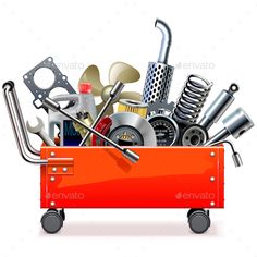 a red toolbox filled with various tools and parts - miscellaneous objects / objects illustrations