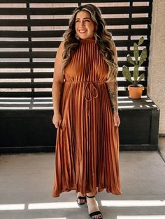 Wedding Crasher Elegant Pleated Midi Dress, Mocha - The Farmhouse Halter Style Dress, Wedding Crashers, Flowy Fabric, Pleated Midi Dress, Halter Style, Flowy Dress, Dress Romper, Polished Look, Waist Belt