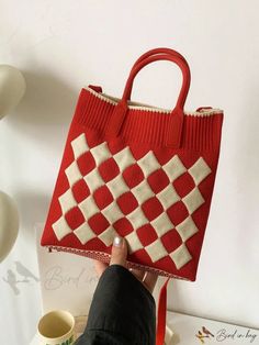 Bird in Bag – Geometric Pattern Shoulder Bag, Tote Bag, and Crossbody Bag – Bird in Bag Geometric Type, Red Pattern, Bag Style, Green Pattern, Bird In Bag, Handle Bag, Diamond Pattern, Knitting Designs, Top Handle