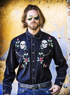 Skulls & Roses Western Shirt P-771, Coming in September! Cowboy Shirts For Men, Western Skull, Modern Cowboy, Skull And Roses, Dope Shirt, Cowboy Aesthetic, Black Cowboy, Rock Outfits, Skulls And Roses