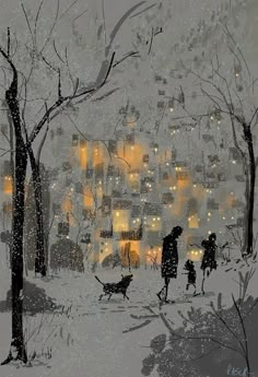 a card with an image of people walking in the snow