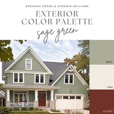 the exterior color palette is sage green, and it's accent colors are red