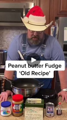 a man in a santa hat cooking food on top of a stove with an old recipe