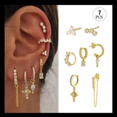 Beautiful 7pc Chain Dangle Drop Earring Set. Lab Created Diamonds, High Quality Jewelry, Real Gold Plated Mini Earrings, Hoop Earring Sets, Trendy Earrings, Small Earrings, Anklet Jewelry, Dainty Earrings, Gold Plated Earrings, Gold Set, Minimalist Earrings