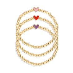 Add a touch of sweetness to your jewelry collection with this set of three Luca + Danni enameled heart stretch bracelets. Add a touch of sweetness to your jewelry collection with this set of three Luca + Danni enameled heart stretch bracelets.Click on this JEWELRY & WATCHES GUIDE to learn about fit, styles, materials and more! Includes: 3 bracelets Length: 7.5 in. Metal: brass Finish: satin Packaging: boxed Enamel details Size: 7". Color: Gold Tone. Gender: female. Age Group: adult. Material: Go Mother's Day Gold Enamel Jewelry, Gold Stackable Heart Bracelet For Valentine's Day, Red Heart Bracelet, Bracelet Set Silver, Flexible Stretches, Bangle Bracelet Set, Brass Beads, Bracelets Set, Semi Precious Beads