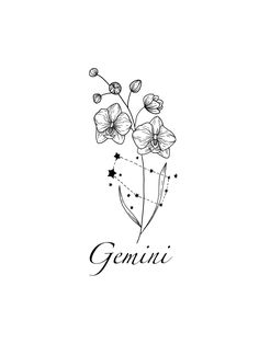 an ink drawing of flowers with the word genni written in cursive writing