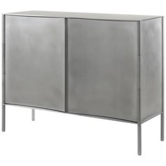 a metal cabinet with two doors and legs