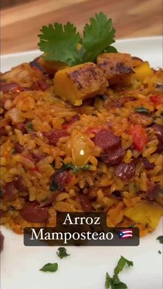 a white plate topped with rice covered in meat and veggies next to parsley