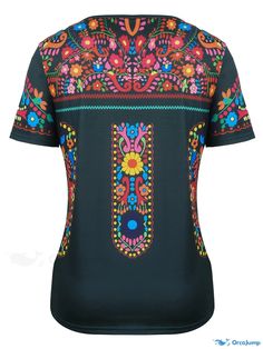 Orcajump - Floral Print Bohemian T-shirt, Crew Neck Short Sleeve Loose T-shirt For Spring & Summer, Women's Clothing Bohemian Multicolor Print Short Sleeve T-shirt, Green Bohemian Top With Graphic Print, Short Sleeve T-shirt With Sublimation Print For Festival, Green Digital Print Top For Summer, Bohemian Multicolor Tops With Sublimation Print, Multicolor Front Print T-shirt For Summer, Multicolor Tops With Front Print For Summer, Summer Short Sleeve Tops With Digital Print, Summer Digital Print Short Sleeve Tops