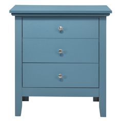 a blue dresser with two drawers and a mirror on top of the drawer, against a white background