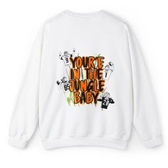 "Rule the jungle in this custom-drawn Bengals crewneck.  Size up for an oversized look.  All designs are hand drawn by the owner of 4 DOTS!  HOW TO ORDER: 1. Review all photos 2. Select your size and color 3. Click \"ADD TO CART\" and you can go back and add more shirts or you can proceed with the checkout process. .: 50% cotton, 50% polyester .: Medium-heavy fabric (8.0 oz/yd² (271.25 g/m .: Loose fit .: Sewn-in label .: Runs true to size Cincinnati Bengals Crewneck | NFL | Sports Outfit | Who Oversized Crew Neck Sweatshirt With Cartoon Print, Oversized White Sweatshirt With Custom Print, White Crew Neck Sweater With Graphic Print, White Graphic Print Crew Neck Sweater, White Custom Print Sweater For Streetwear, White Graphic Print Crew Sweatshirt, White Cotton T-shirt With Cartoon Sublimation Design, White Cotton Cartoon Print Sublimation Design, White Crew Neck Sweatshirt With Cartoon Print