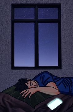 a person laying in bed under a window with the night sky visible through an open window