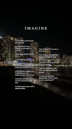 an image of a city at night with the words imagine written in front of it