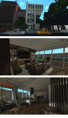 three different views of a living room and dining area in an apartment building with large windows