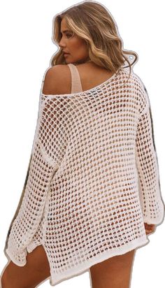 Long Sleeve Crochet Cover-up For Vacation, Spring Beachwear Cover-up With Open Knit, White Crochet Beachwear Cover-up, Open Knit Tops For Summer Beach Cover-up, Lightweight Long Sleeve Beachwear Cover-up, Summer Crochet Cover-up For Vacation, Lightweight Beachy Cover-up For Vacation, Summer Crochet Top For Vacation Beach Cover-up, Casual White Swimwear For Beach Cover-up