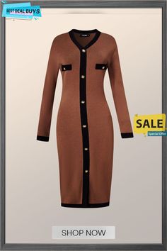 Long Sleeve Elegant Color Block Midi Dress Brown V-neck Midi Dress For Work, Elegant Brown Bodycon Dress For Fall, Chic Brown Midi Dress With Buttons, Brown Long Sleeve Midi Dress With Buttons, Knee-length Brown Bodycon Dress For Work, Elegant Brown Mini Dress For Office, Brown Knee-length Bodycon Dress For Work, Brown Winter Midi Dress For Work, Elegant Color