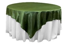 a green and white table cloth on top of a round table with ruffled edges