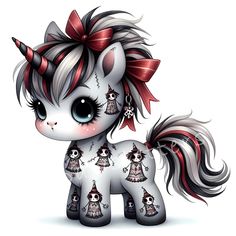 a cute little pony with skulls and bows on it's head is standing in front of a white background