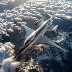 an artist's rendering of a futuristic jet flying above the clouds and mountains in space