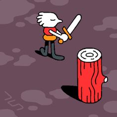 a cartoon character holding a large knife next to a fire hydrant