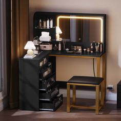 a vanity with a mirror, stool and lights on the top shelf in front of it