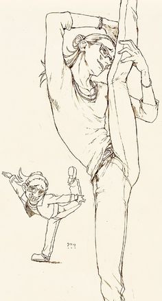 a drawing of a man holding a baseball bat next to another man with his arm in the air