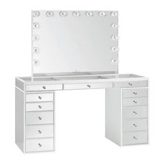 a white dressing table with drawers and a mirror on it's side, against a white background