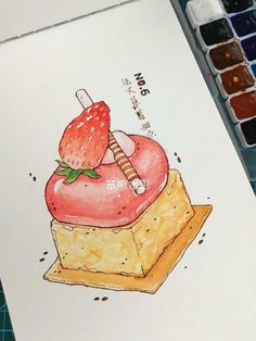 a drawing of a piece of cake with a strawberry on top