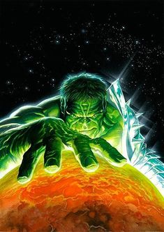 an image of the incredible hulk on top of a planet with stars in the background