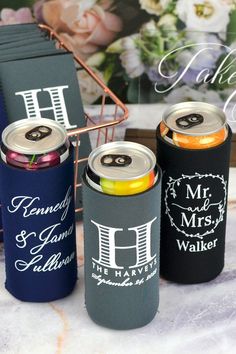 12 Oz. slim wedding can cooler favors in assorted colors personalized with wedding designs, initials and cusom text Wedding Koozie Ideas, Drink Station, Hard Seltzer, Can Coolers, Can Cooler, Wedding Design, Coolers, Personalized Wedding, Wedding Designs