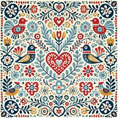 an ornate pattern with birds and hearts on it, in blue, red and yellow colors