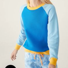 Warm Fun *Sold Out Online* Color Block Crewneck Sweatshirt Color: Blue & Yellow Women's Size: Small New, With Tag Small Fiber In Fabric Of Right Shoulder, Can Be Pulled Out. Pictured. Shipped Asap From Smoke-Free Home Super Soft Crewneck Sweatshirt In Blue And Yellow. Full Length Sleeves In Pale Blue. Matching Yellow Trim At Neck, Waist And Cuffs. 100% Cotton Loungewear Tops With Contrast Color Crew Neck, Blue Sporty Raglan Sleeve Top, Sporty Blue Top With Raglan Sleeves, Blue Color Block Long Sleeve Sweatshirt, Blue Contrast Color Sweatshirt For Fall, Blue Sweatshirt With Contrast Color For Fall, Blue Color Block Athleisure Sweatshirt, Yellow Long Sleeve Top With Contrast Color, Blue Color Block Sweatshirt Athleisure Style