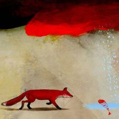 a painting of a red fox walking across a field next to a fish under an umbrella