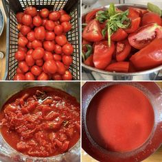 four pictures showing different types of tomatoes in various stages of being cooked and put together