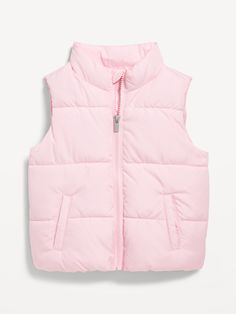 standing collar sleeveless welt pockets full length zipper water resistant relaxed fit hits at waistmachine wash according to the care instruction label Pink Casual Winter Vest, Fitted Pink Vest Outerwear, Pink Sleeveless Vest With Pockets, Pink Puffer Vest, Toddler Pink Vest, Toddler Girl Clothing, Toddler Coats Girl, Old Navy Toddler Girl, Pink Vest