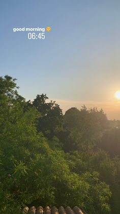 the sun is setting over some trees and bushes