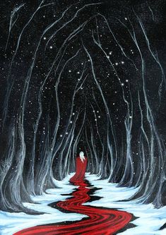 a painting of a woman walking through a forest at night with snow on the ground