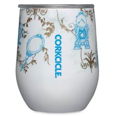 a white and blue tumbler with an image of a clock on it's side