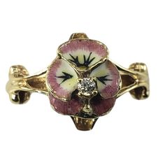 14 Karat Yellow Gold And Diamond Enamel Floral Ring Size 5.75- This Stunning Ring Features A Lovely Orchid Accented With Pink Enamel And One Round Brilliant Cut Diamond. Set In Classic 14k Yellow Gold. Width: 12 Mm. Shank: 1.5 Mm. Approximate Total Diamond Weight: .03 Ct. Diamond Clarity: I2 Diamond Color: I Ring Size: 5.75 Stamped: 14k Weight: 3.6 Gr./ 2.3 Dwt. Very Good Condition, Professionally Polished. Will Come Packaged In A Gift Box Or Pouch (When Possible) And Will Be Shipped U.S. Priori Art Nouveau Ring, Floral Ring, Pink Enamel, Dresses Vintage, Diamond Set, Diamond Color, Jewelry Rings Engagement, Round Brilliant Cut Diamond, Diamond Clarity